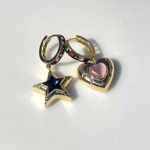 Star & Heart Gemstone Dangle Hoops Gold Earrings